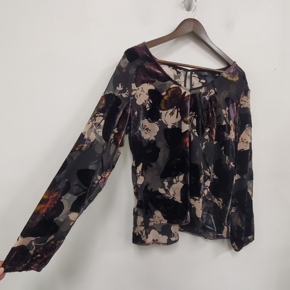 G By Giuliana Velvet Burnout Top Size M Dark Floral Butterfly Whimsigoth Sheer